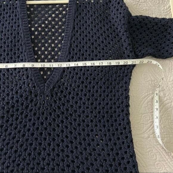Ann Taylor Crocheted V-Neck Cotton Sweater Navy Women's Large - Picture 8 of 9